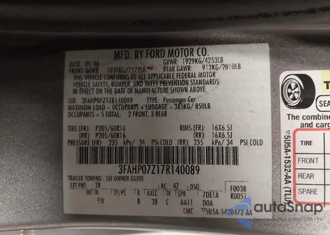2007 Ford Fusion Se from USA, damaged, VIN 3FAHP07Z17R140089